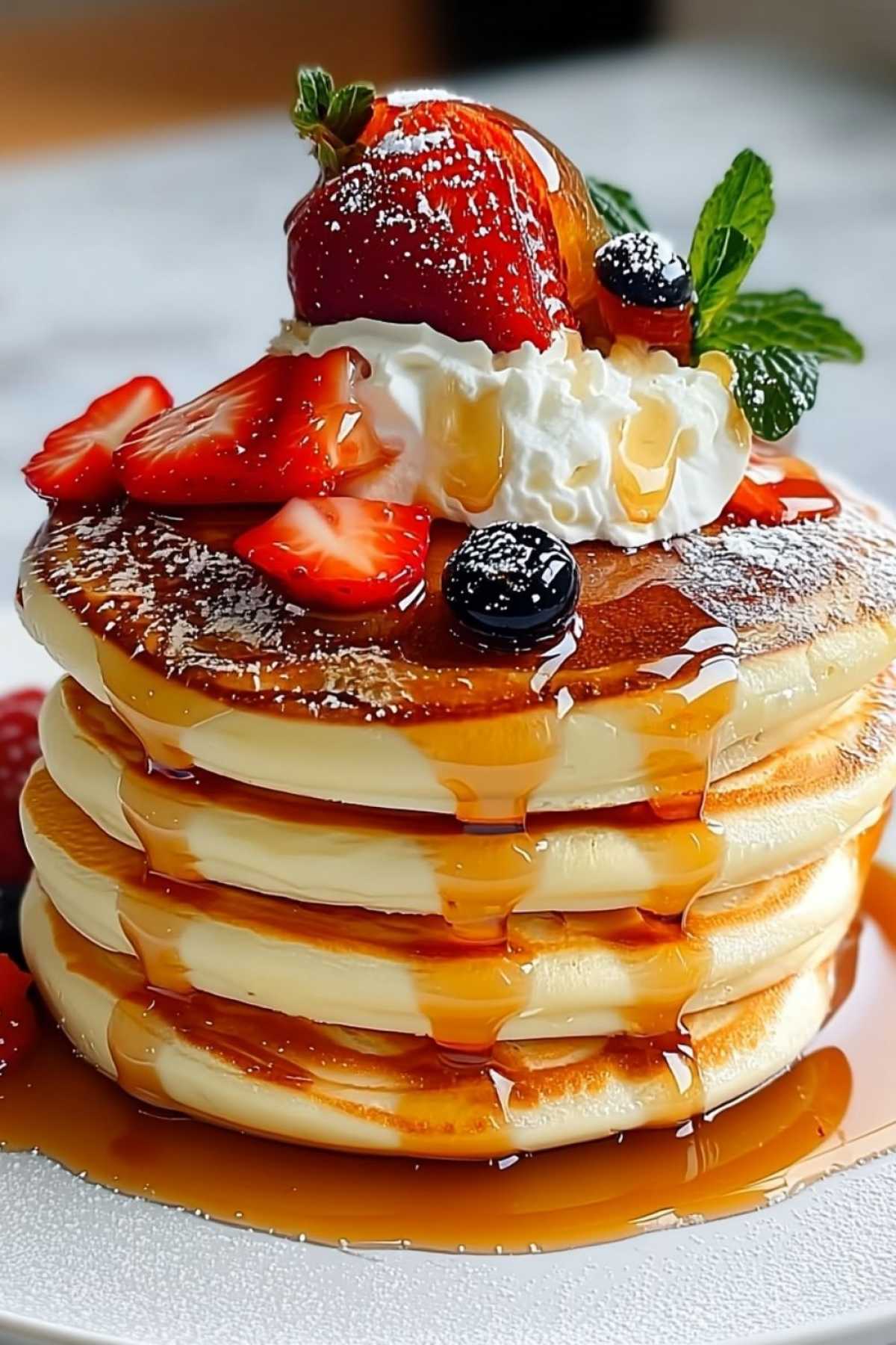 Nahaufnahme von Soufflé-Pfannkuchen zeigt die luftige wolkenartige Textur innen