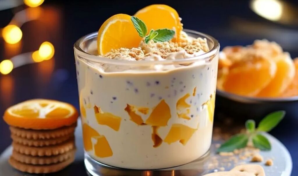 Spekulatius Mandarinen Quark Creme in Gläsern serviert mit Spekulatius-Topping und frischen Mandarinen