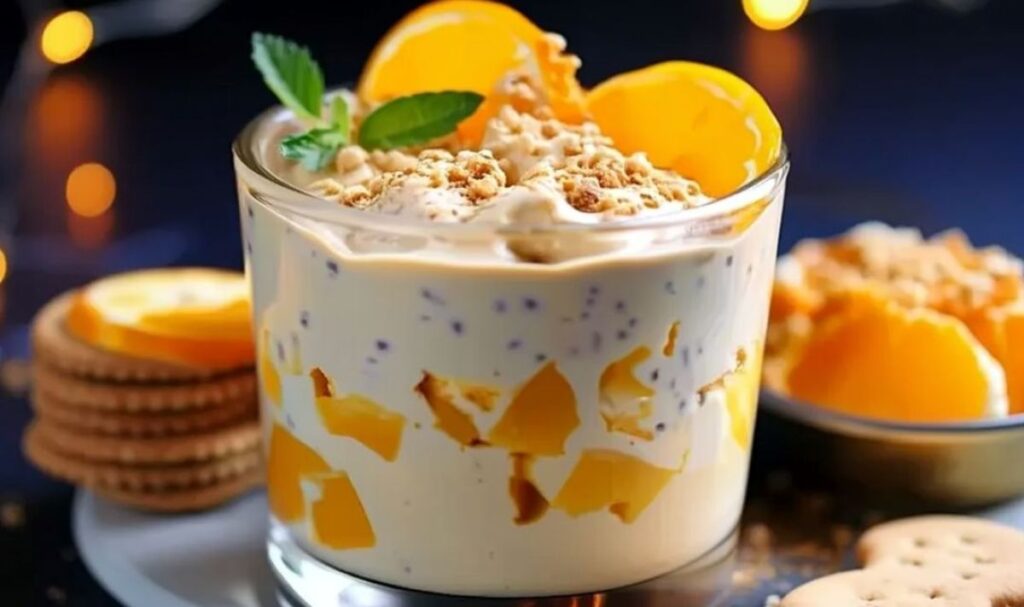 Spekulatius Mandarinen Quark Creme in Gläsern serviert mit Spekulatius-Topping und frischen Mandarinen