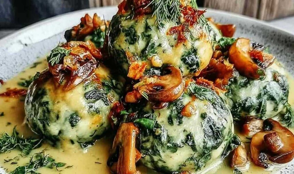 Spinatknödel mit Pilzragout