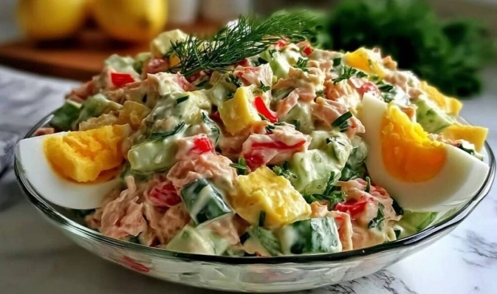 Nahaufnahme von Thunfischsalat zeigt Thunfisch Eier Gurke und Mais in cremigem Dressing