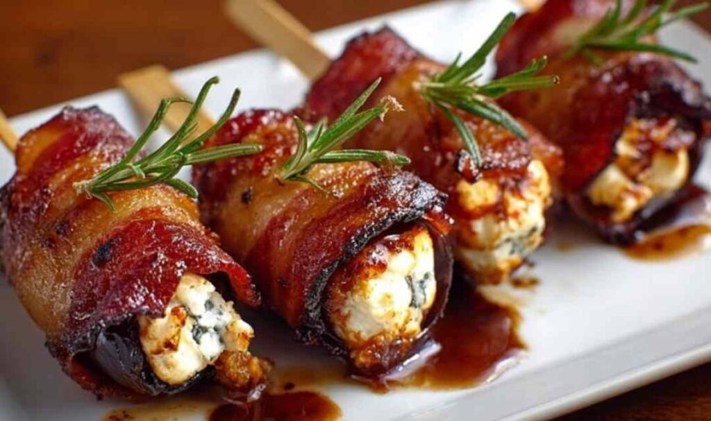 Ziegenkäse-Dattel-Spieße mit Speck