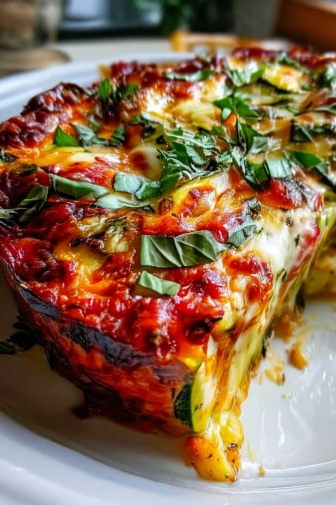 Portion Zucchini-Tomaten-Auflauf mit sichtbaren Schichten von Gemüse und Käse