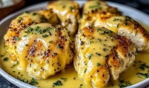 Cremiges Hähnchen mit Honig und Senf in einer Pfanne mit goldbrauner Sauce serviert