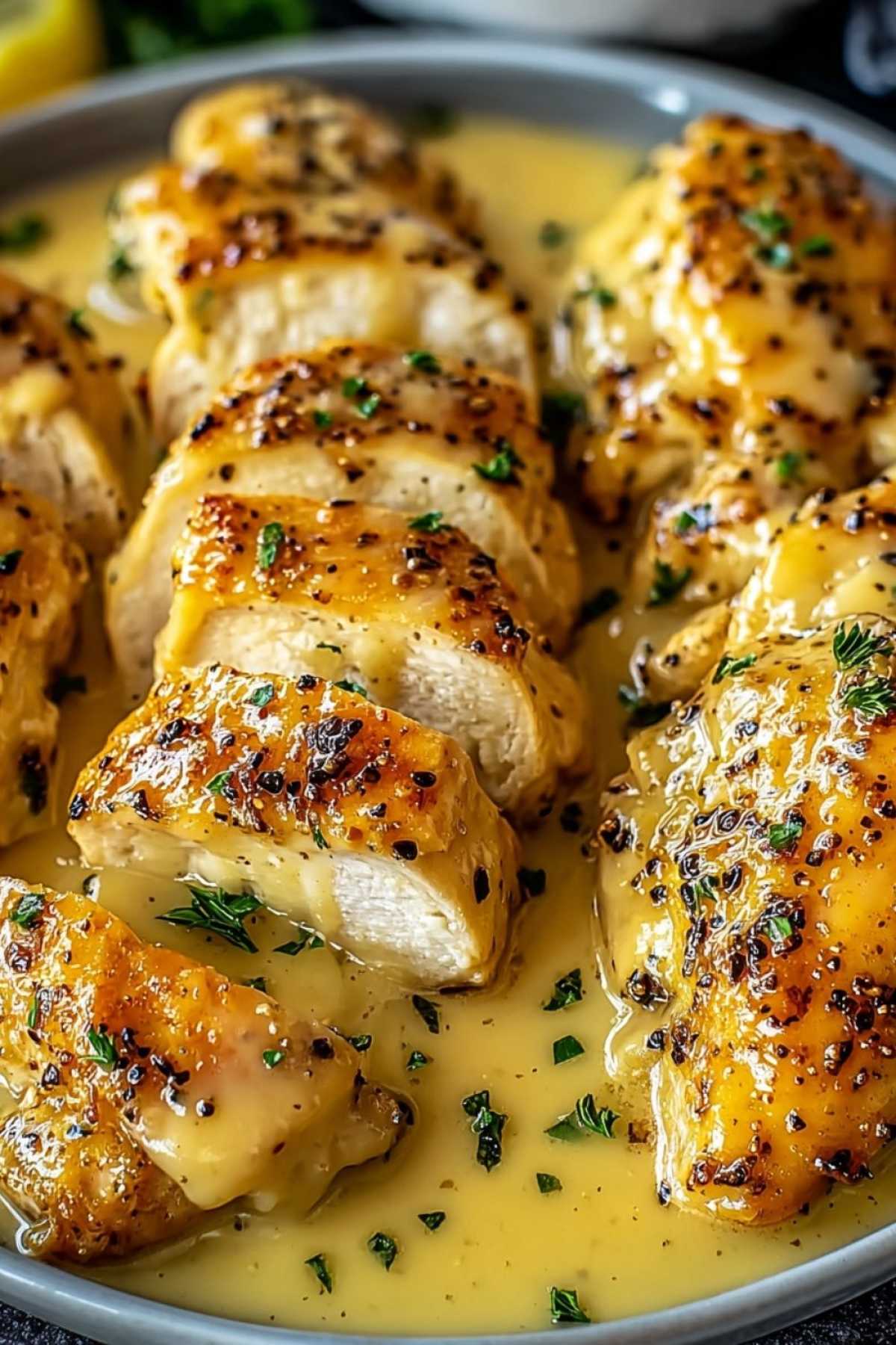 Cremiges Hähnchen mit Honig und Senf 4 Cremiges Hähnchen mit Honig und Senf auf einem Teller mit Reis und Gemüse