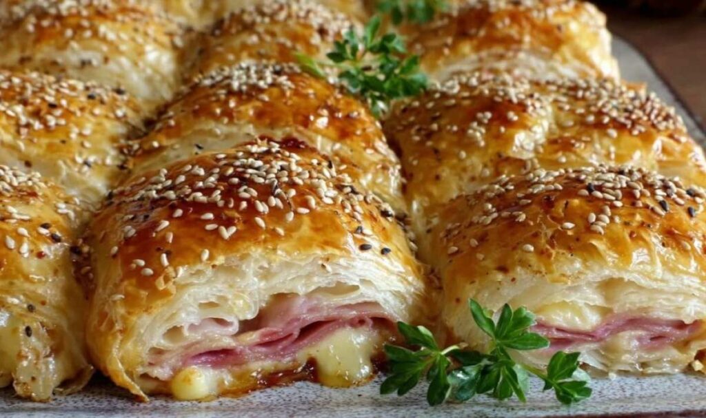 Knuspriger Blätterteig mit Schinken und Käse bestreut mit Sesam auf Backblech