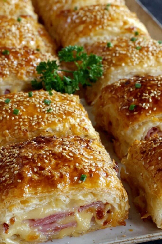 Blätterteig Schinken Käse aufgeschnitten zeigt cremige Füllung und knusprige Schichten