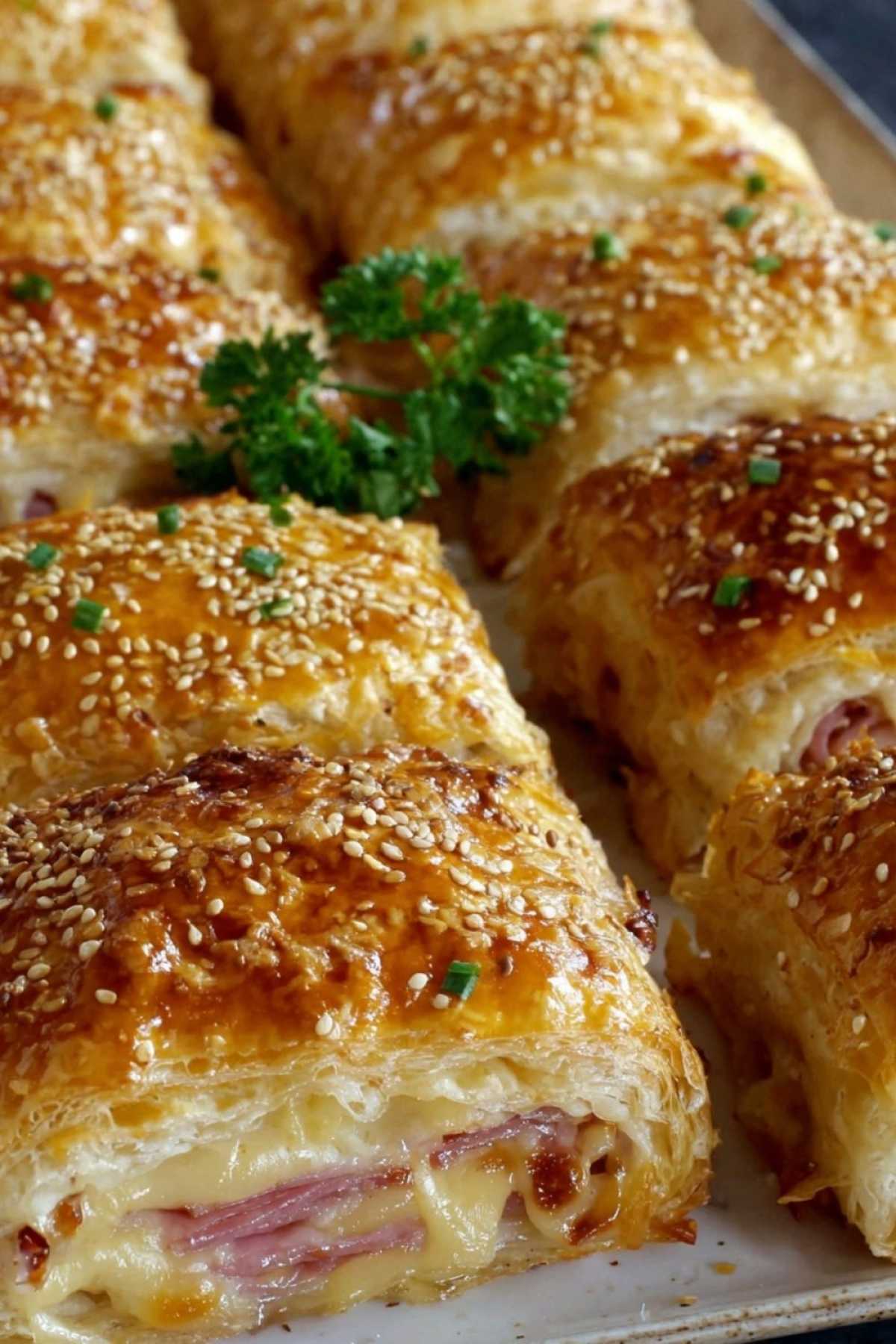 Blätterteig Schinken Käse aufgeschnitten zeigt cremige Füllung und knusprige Schichten