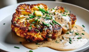Blumenkohlsteak Mit Pfefferrahmsauce Goldbraun geröstete Blumenkohlsteaks mit Gewürzen auf einem Backblech
