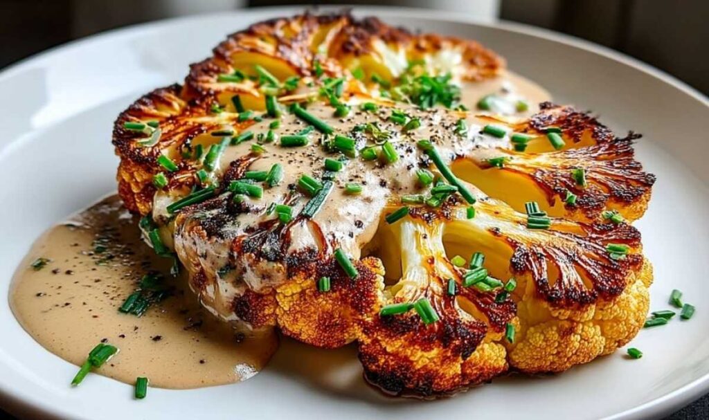 Goldbraun geröstete Blumenkohlsteaks mit Gewürzen auf einem Backblech