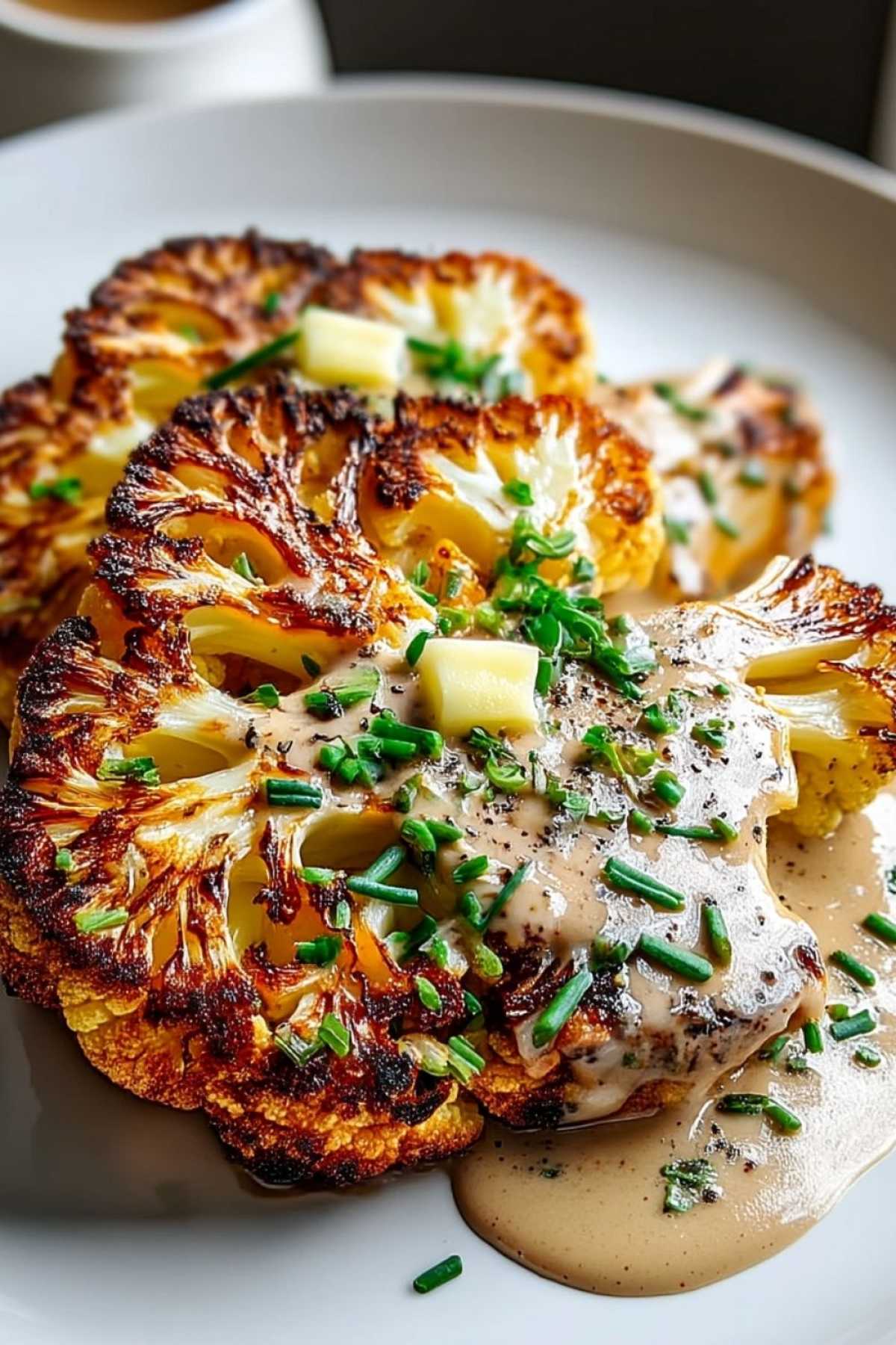 Blumenkohlsteak mit cremiger Pfefferrahmsauce auf Teller angerichtet