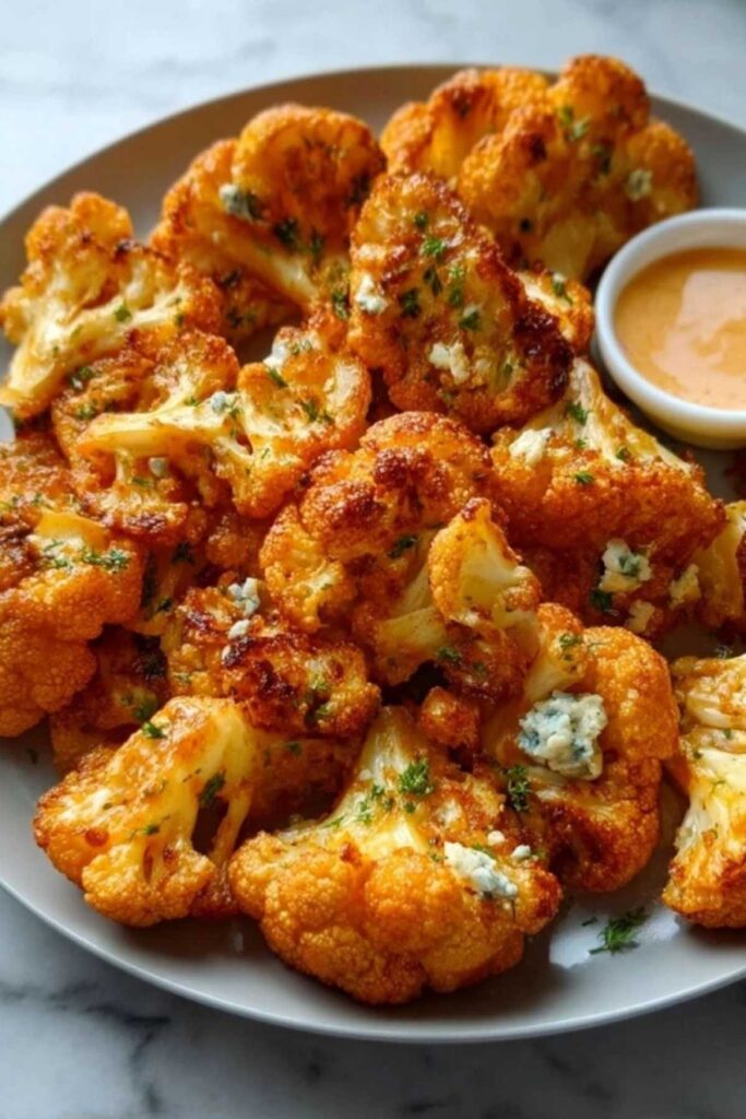 Buffalo-Blumenkohl Heißluftfritteuse serviert mit Ranch-Dip und Schnittlauch