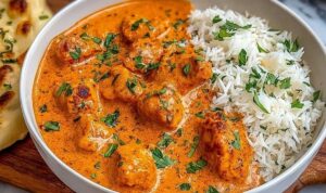 Butter Chicken mit cremiger Tomatensauce in gusseiserner Pfanne garniert mit frischem Koriander