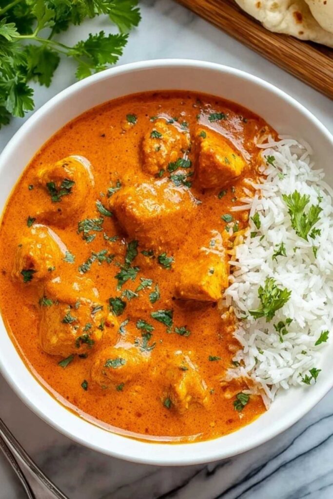 Butter Chicken Portion mit Basmatireis und Naan Brot auf weißem Teller