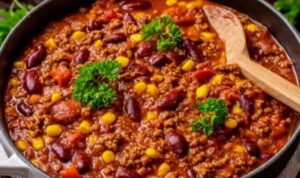 Chili con Carne in einem großen Topf mit Kidneybohnen und Mais servierfertig
