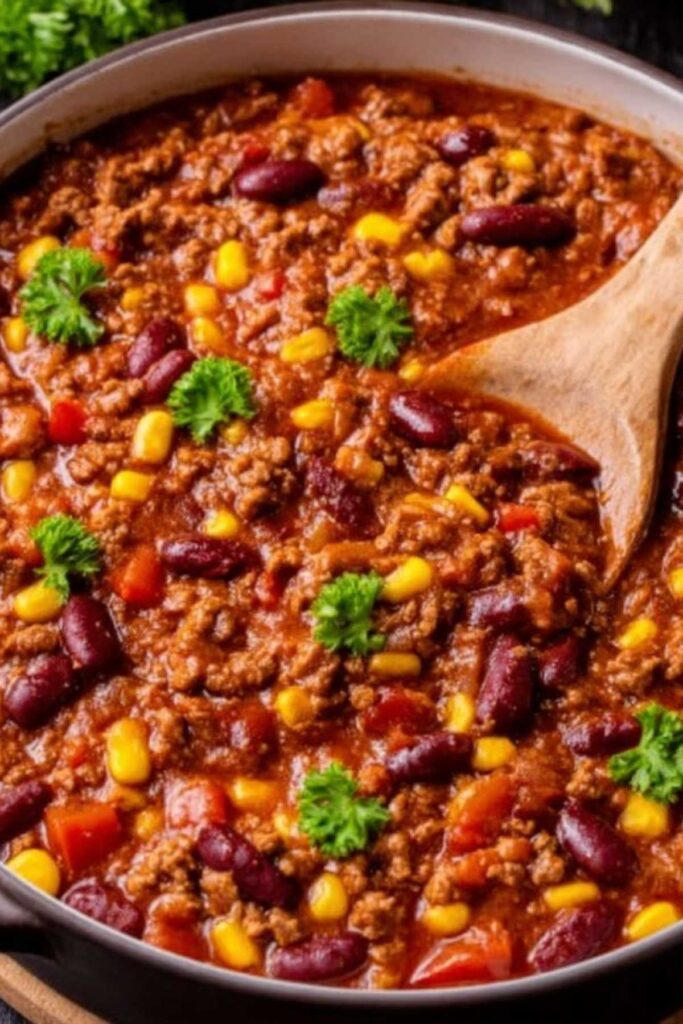 Chili con Carne in Schale mit Sauerrahm, Käse und frischen Kräutern garniert