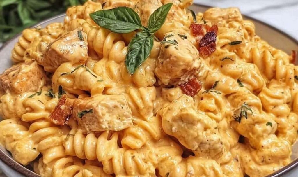 Creamy Chicken Feta Pasta serviert auf weißem Teller mit frischer Petersilie garniert