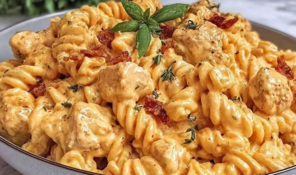 Creamy Chicken Feta Pasta 2 Creamy Chicken Feta Pasta serviert auf weißem Teller mit frischer Petersilie garniert