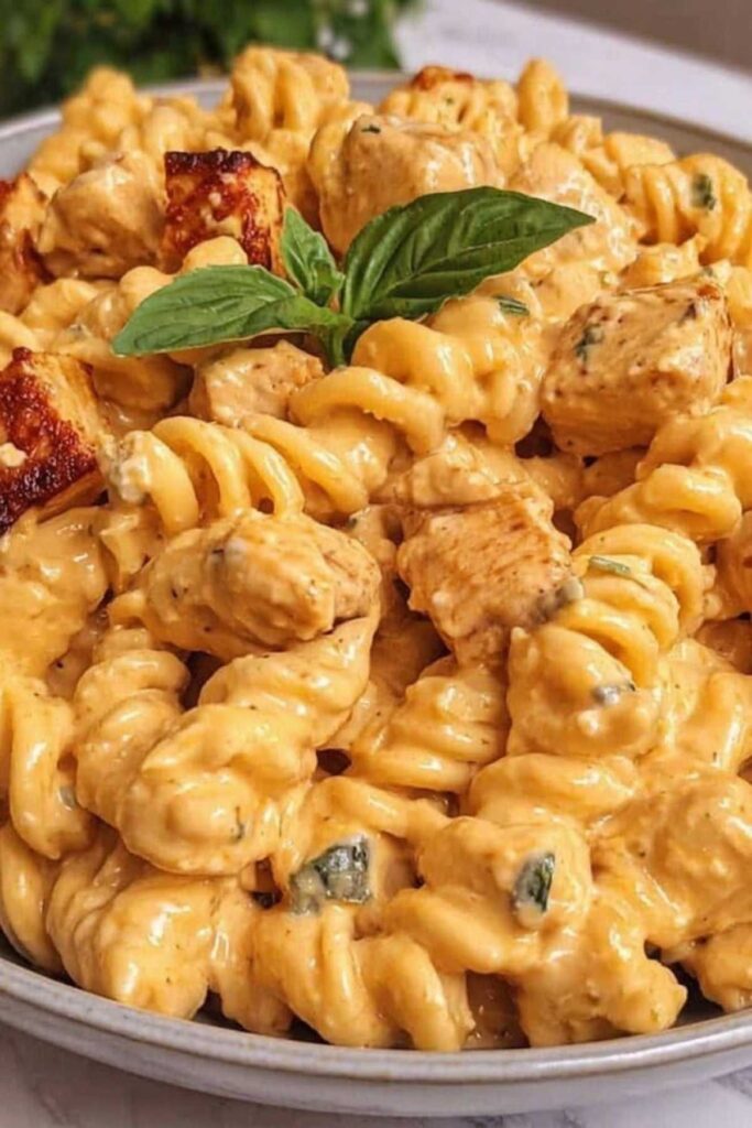 Creamy Chicken Feta Pasta 3 Creamy Chicken Feta Pasta in großer Pfanne mit cremiger Sauce und zartem Hähnchen