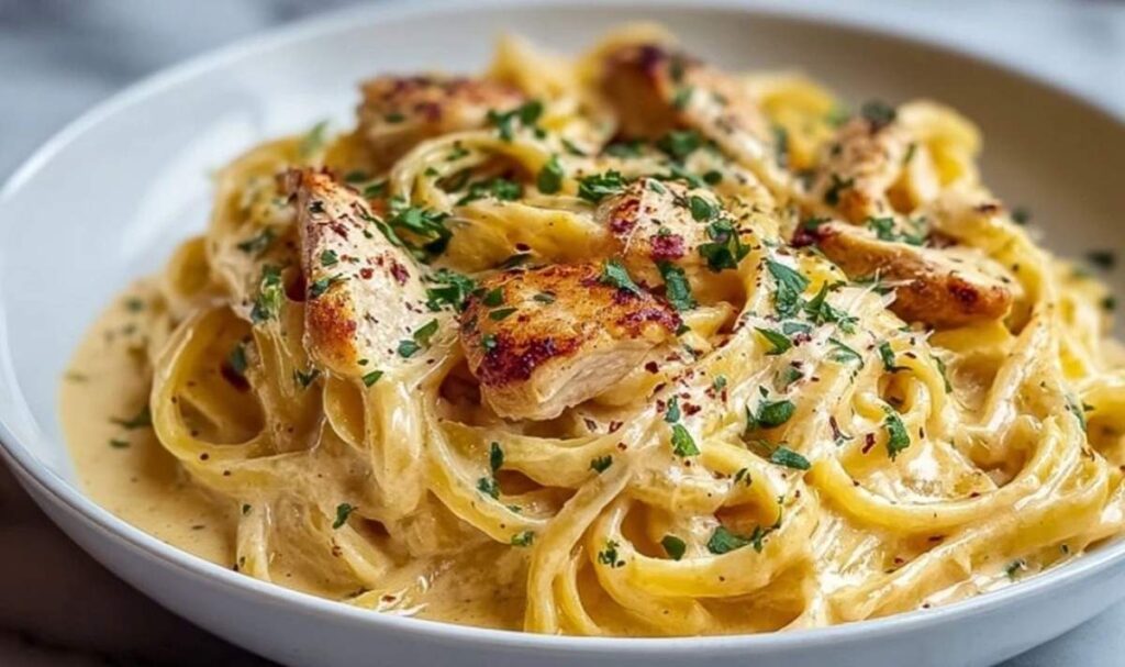 Cremige Hähnchen-Alfredo-Nudeln mit zartem Hähnchen und Parmesan auf weißem Teller serviert