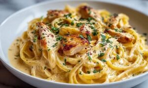 Cremige Hähnchen-Alfredo-Nudeln mit zartem Hähnchen und Parmesan auf weißem Teller serviert