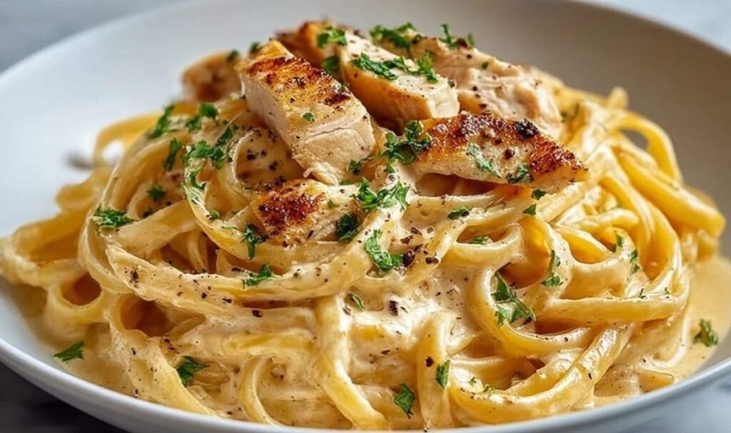 Cremige Hähnchen-Alfredo-Nudeln mit zartem Hähnchen und Parmesan auf weißem Teller serviert