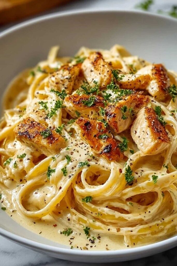 Cremige Hähnchen-Alfredo-Nudeln in Pfanne mit dickflüssiger Parmesansauce