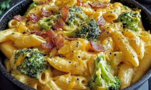 Cremige Pastapfanne mit Brokkoli wird in großer Pfanne mit Holzlöffel vermischt