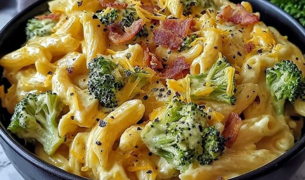 Cremige Pastapfanne mit Brokkoli und Bacon in weißer Schüssel mit Parmesan bestreut