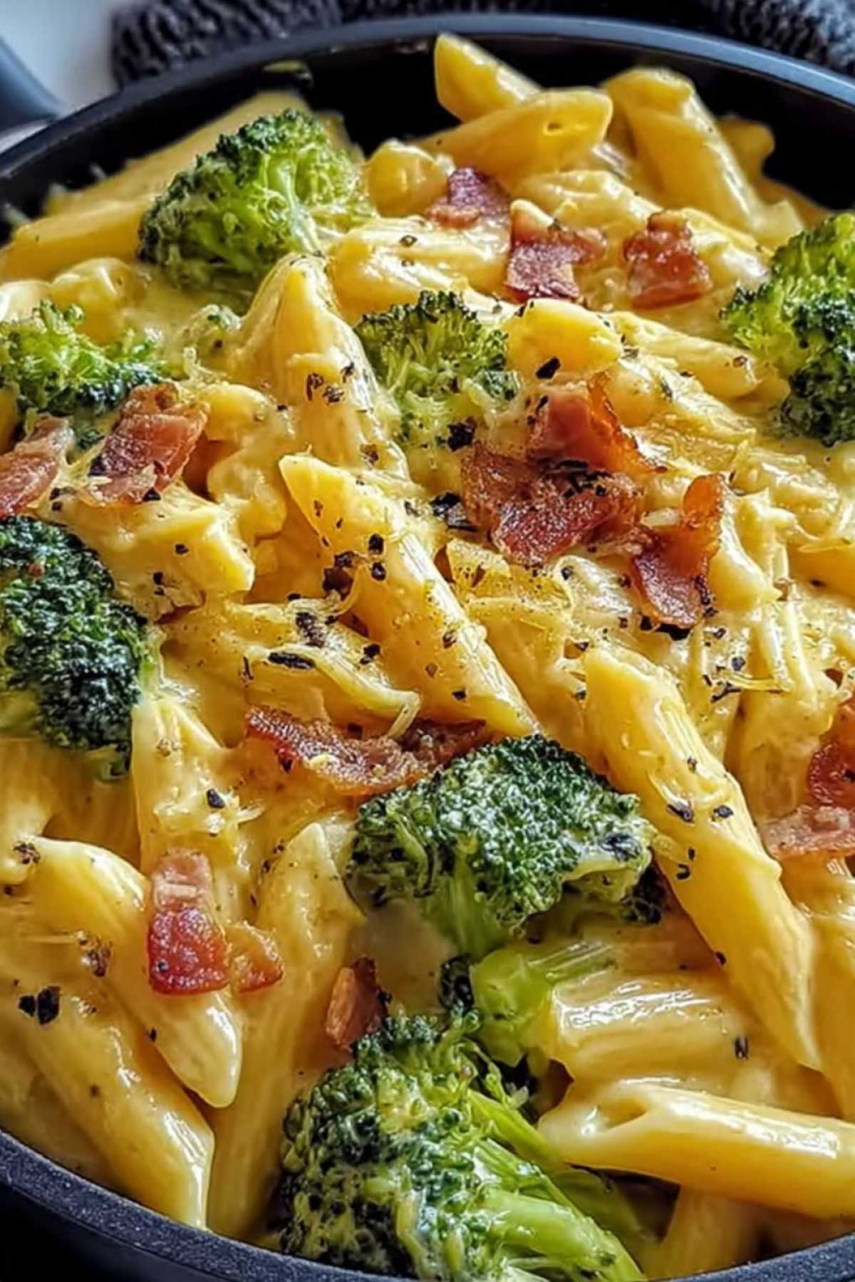 Cremige Pastapfanne mit Brokkoli und Bacon in weißer Schüssel mit Parmesan bestreut