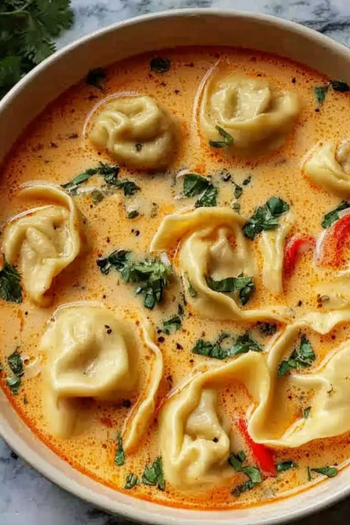 Cremige Thai-Knödel-Suppe 4 Cremige Thai-Knödel-Suppe köchelt im Topf mit Knödeln und grünem Gemüse