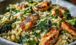 Cremiges Hähnchen-Brokkoli-Orzo in großer Pfanne mit geschmolzenem Käse und frischem Brokkoli