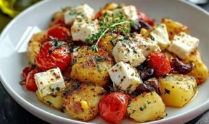 Feta Kartoffeln Ofengemüse frisch aus dem Ofen mit geschmolzenem Käse und geröstetem Gemüse