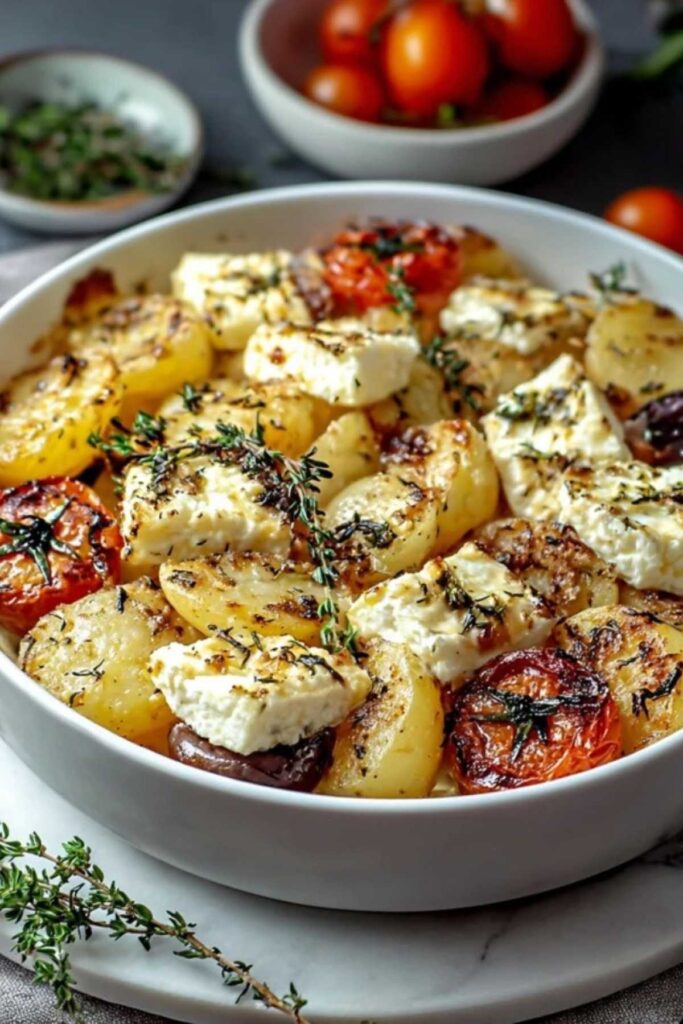 Portion Feta Kartoffeln Ofengemüse auf Teller angerichtet mit frischer Petersilie garniert