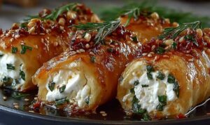 Feta Rollen Ofen Chili Honig auf Backblech goldbraun gebacken mit Sesam