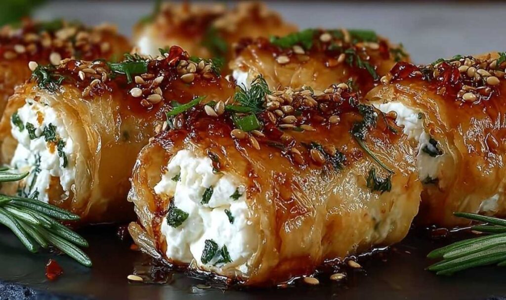 Feta Rollen Ofen Chili Honig auf Backblech goldbraun gebacken mit Sesam