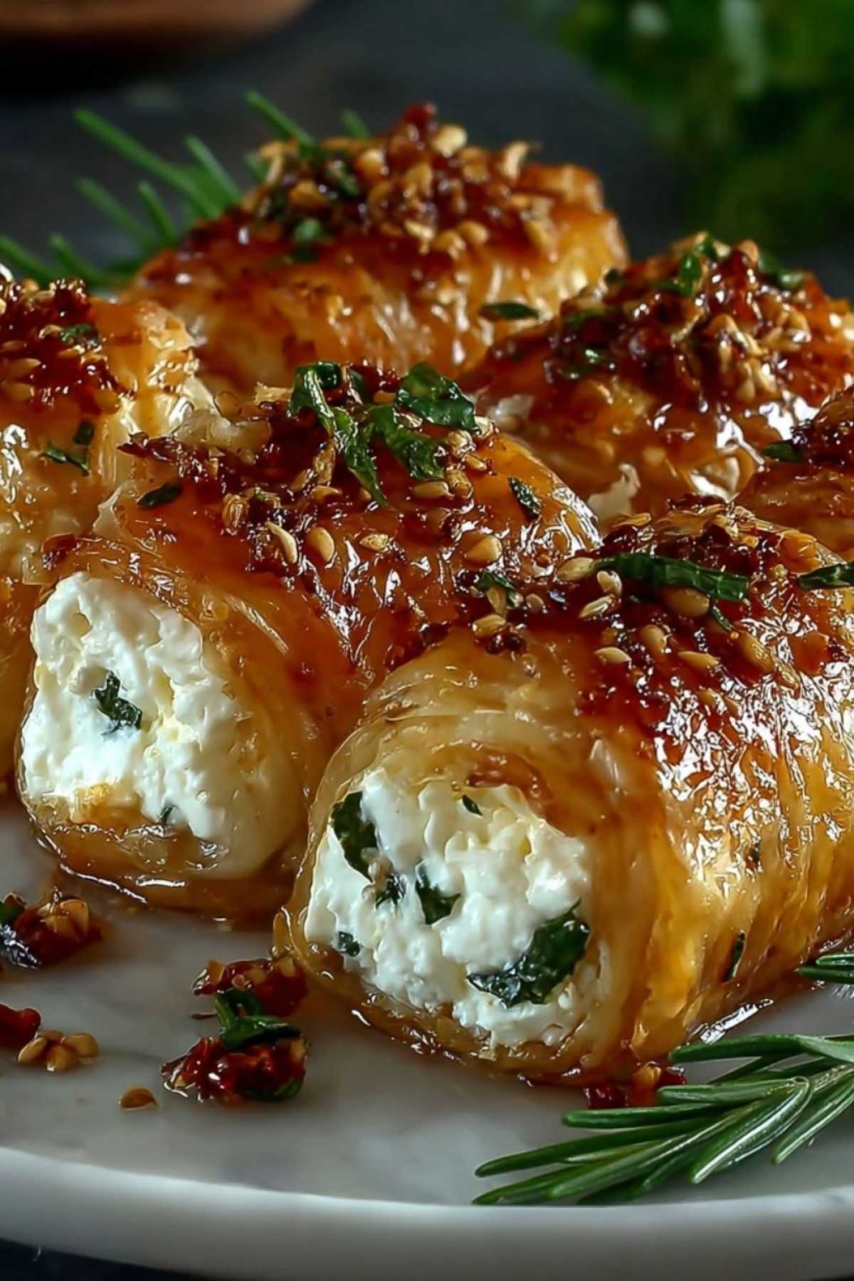 Aufgeschnittene Feta Rolle zeigt cremige Käsefüllung und knusprigen Blätterteig
