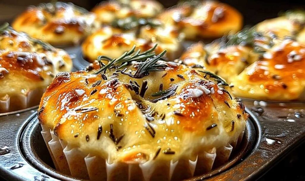 Goldbraune Focaccia-Muffins mit Rosmarin und Knoblauchbutter auf einem Holzbrett