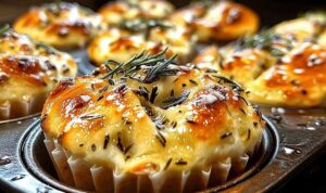 Focaccia-Muffins: Einfaches Rezept Goldbraune Focaccia-Muffins mit Rosmarin und Knoblauchbutter auf einem Holzbrett