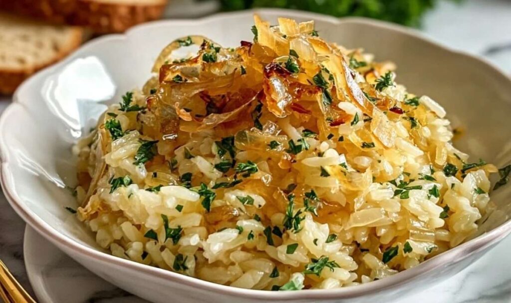 Französischer Zwiebelbutterreis mit karamellisierten Zwiebeln in rustikaler Keramikschüssel serviert