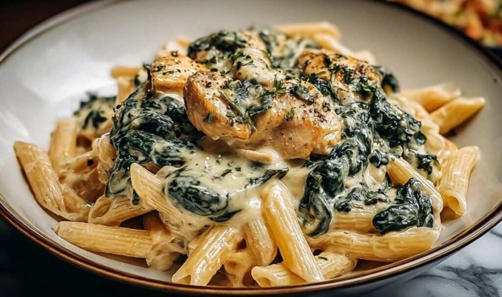Frischkäse-Spinat-Hähnchen-Pasta auf weißem Teller mit Parmesan und frischen Kräutern garniert