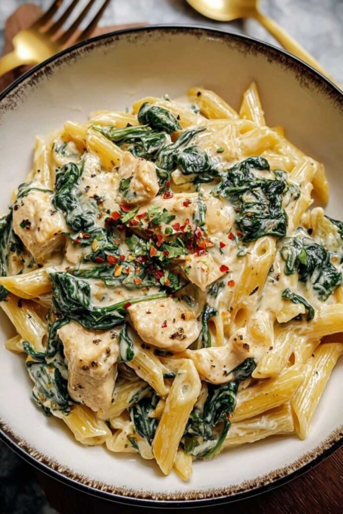 Frischkäse-Spinat-Hähnchen-Pasta wird in großer Pfanne zubereitet mit cremiger Soße