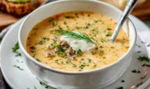 Friss Dich Dumm Suppe mit Hackfleisch und buntem Gemüse in einem großen Suppentopf