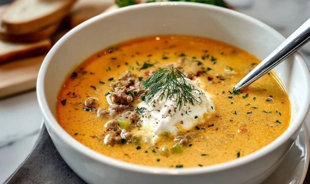 Friss Dich Dumm Suppe mit Hackfleisch und buntem Gemüse in einem großen Suppentopf