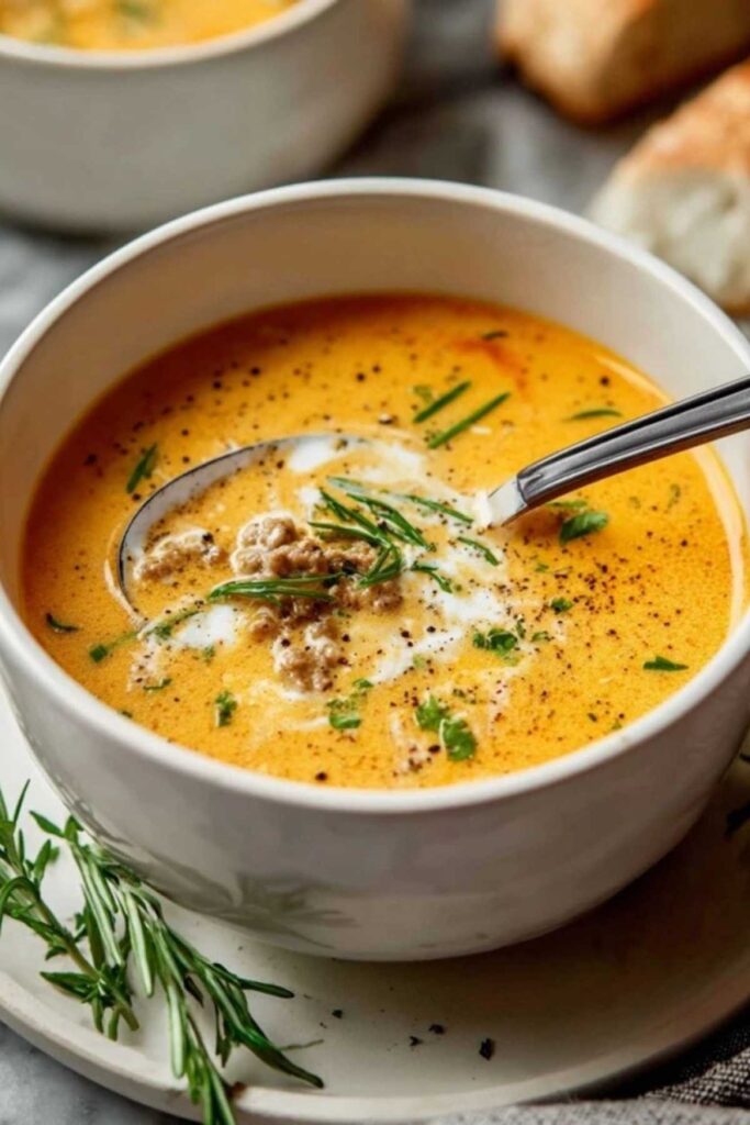 Friss Dich Dumm Suppe serviert in einer Schüssel mit frischer Petersilie garniert