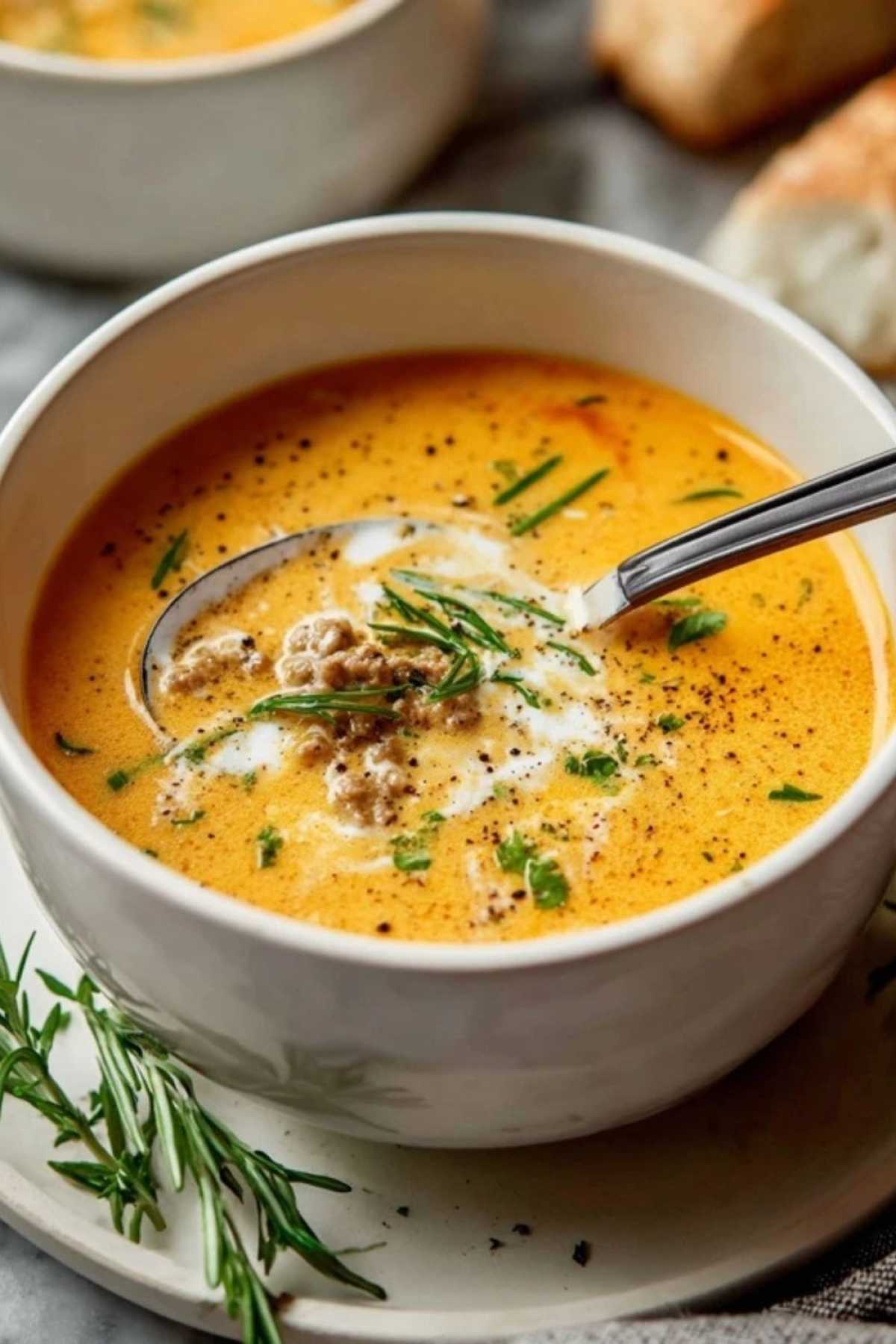 Friss Dich Dumm Suppe serviert in einer Schüssel mit frischer Petersilie garniert