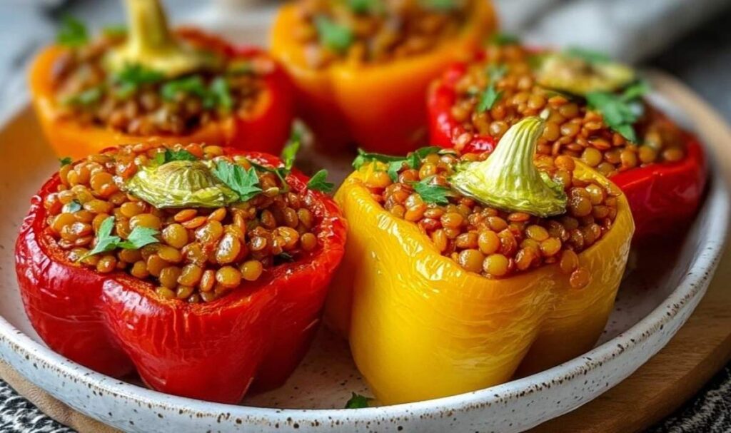 Gefüllte Spitzpaprika mit roten Linsen in einer Auflaufform bereit zum Backen