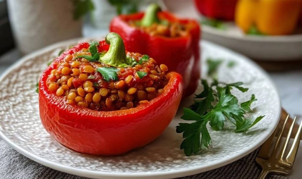 Gefüllte Spitzpaprika mit roten Linsen in einer Auflaufform bereit zum Backen