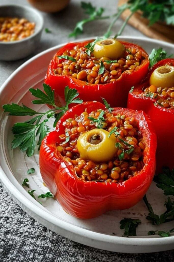 Gebackene gefüllte Spitzpaprika mit roten Linsen serviert auf weißem Teller