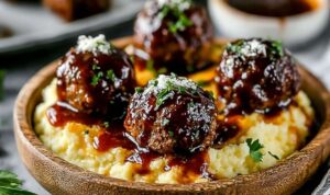 Geschmorte Rinder-Fleischbällchen in dunkler Rotweinsoße mit frischen Kräutern garniert